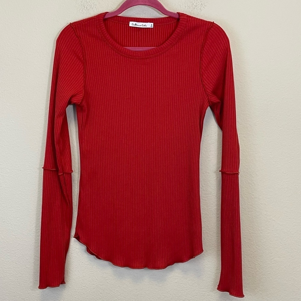 Culture Code Ribbed Long Sleeve w/ Thumbholes Round‎ Neck Tip Red Size M